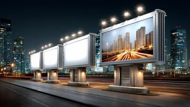 Illuminated Billboard Spectacle: A row of glowing billboards line a city street at night. Each sign, a beacon of light, showcases vibrant imagery.
