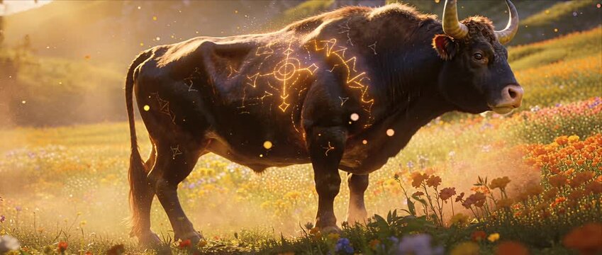 Majestic zodiac bull cattle with strong horn glowing in golden sunrise meadow, fantasy nature livestock animal walking through mystic flower field under warm light, dreamy astrology symbol scene