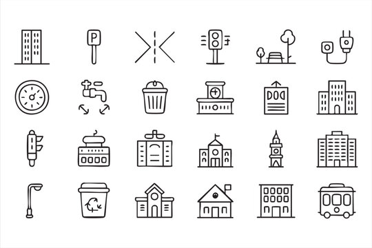 Urban infrastructure icons, city building transport system collection for smart city use