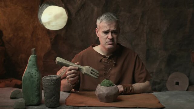 Sad disappointed prehistoric man on a diet, he is having a light meal in his cave
