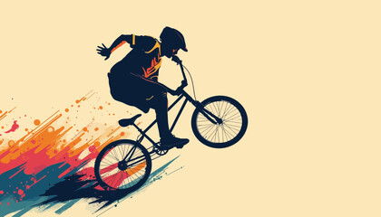Naklejka premium A silhouette of a cyclist executing a stunt on a bicycle, with an abstract burst of color in the background.
