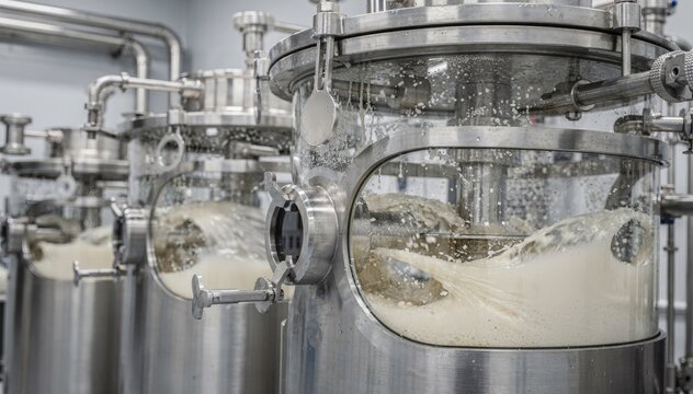 Closeup medium shot of stainless steel reactors vigorously mixing gelatin with silver halide crystals in a precise small batch process for photographic emulsion production.
