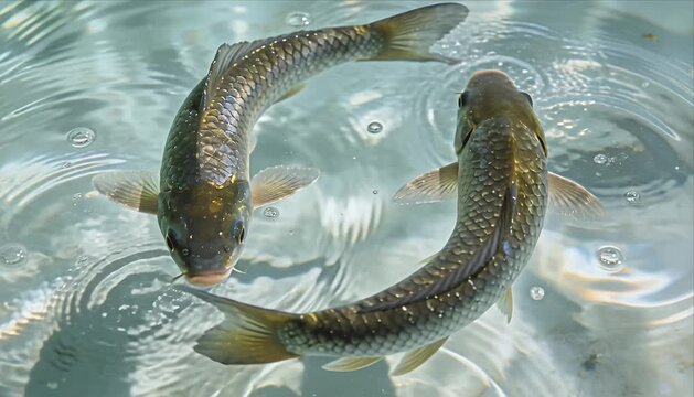 Zodiac fish circle pond water reflection nature calm beauty symbol luck fortune harmony pattern flow serene movement ripple tranquil scene balance outdoor concept for meditation and fortune art