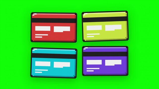 Vibrant collection of pixel art payment cards, symbolizing modern digital finance and secure transaction methods through colorful designs