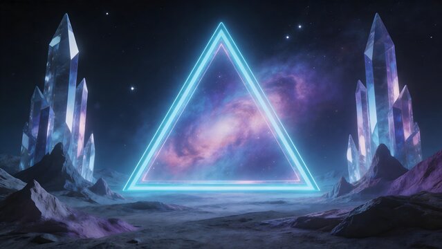 Futuristic alien landscape with glowing triangle