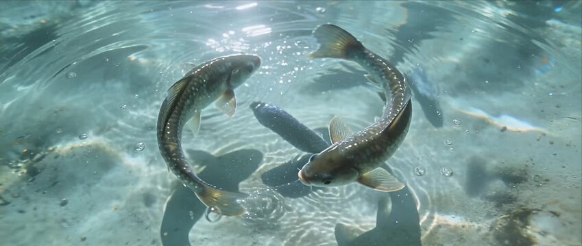 Zodiac fish water harmony circle in tranquil clear pond, swirl ripple reflection pattern of nature and light, calm aquatic grace symbol serene underwater scene