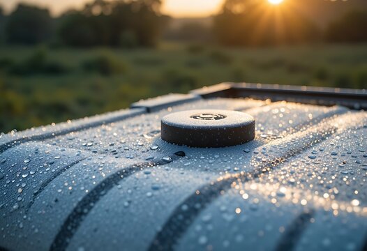 IBC container with water droplets on a green field at sunset. ibc container