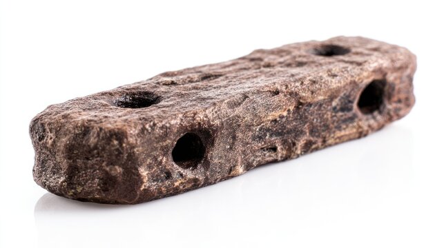 Close up of a weathered oblong rock with three circular indentations