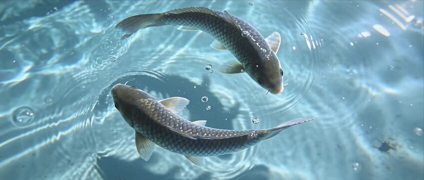 Zodiac koi fish circle water ripple reflection sunlight bubble harmony aquatic symbol energy astrology concept fantasy dreamlike serene elegance motion art calm blue pond surface peaceful light
