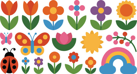Colorful spring flower and insect set featuring butterflies ladybug rainbow and floral elements flat vector illustration isolated,.. © Mehg