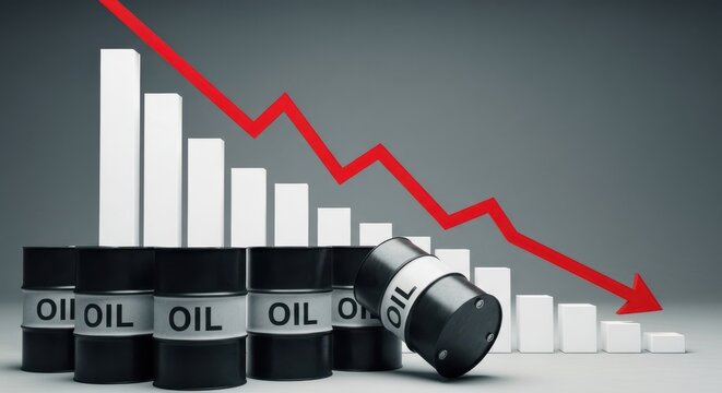 Oil price crash concept with falling red arrow and bar chart, black crude oil barrels on grey background, global energy market crisis and economic recession