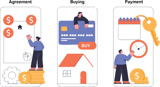 Real estate home buying process vector set featuring agreement signing mortgage payment and property ownership icons on white background.