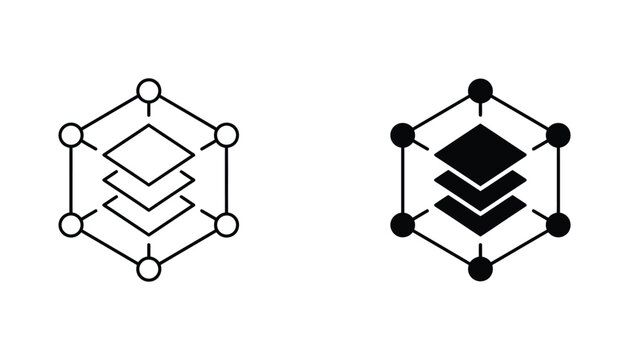 Data layers icon set showing information structure and network connectivity in minimalist vector style for modern user interface design and software development applications