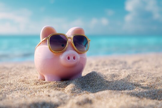 A pink ceramic piggy bank wearing sunglasses sits on a sandy beach, looking out at the ocean