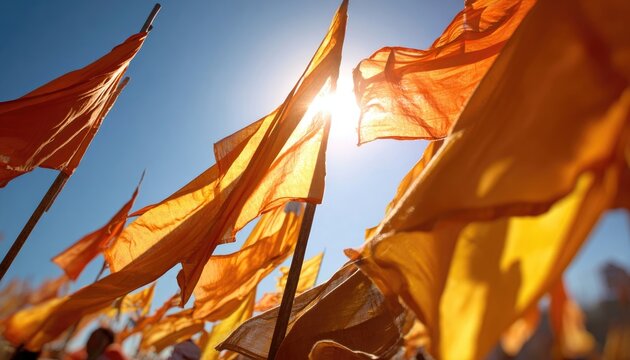 Nagar Kirtan flags waving dramatically in bright daylight