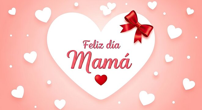 Feliz Dia de Mama Card with Pink Heart Background and Decorative Bow