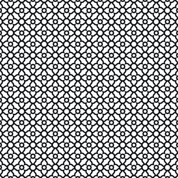 Black and white repeating geometric pattern featuring interconnected quatrefoil and circular motifs in a dense tessellation vector design