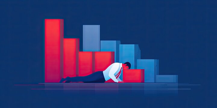 A person lies defeated near declining bar graph indicators on a dark blue backdrop