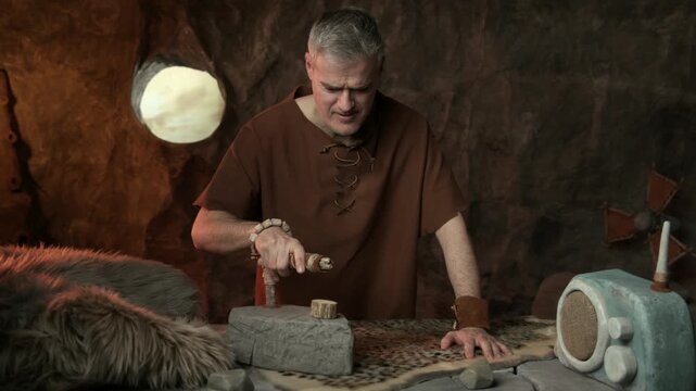 Funny happy caveman living alone in his cavern and doing chores, he is ironing clothes and listening to music