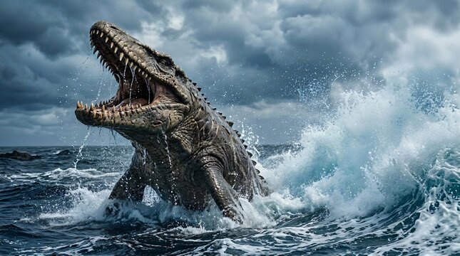 Mosasaurus Roaring from Ocean Waves Prehistoric Sea Reptile.