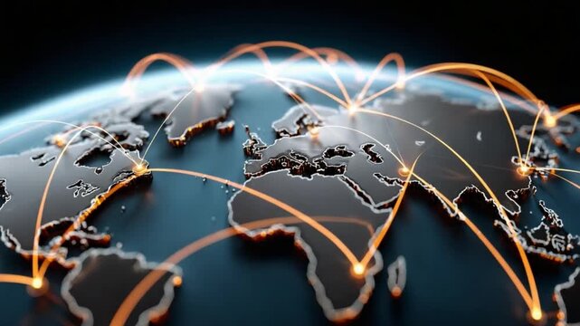 Global Connections:  Illustrating a network of interconnected points and pathways across a stylized depiction of the world, with a sense of worldwide reach and interdependence. 