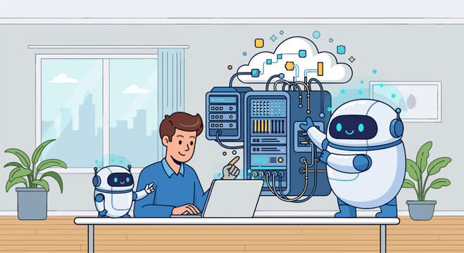 AI robot managing server infrastructure with developer working on cloud system