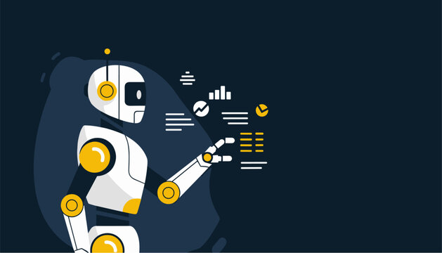 Futuristic AI robot analyzing digital data interface with smart technology system
