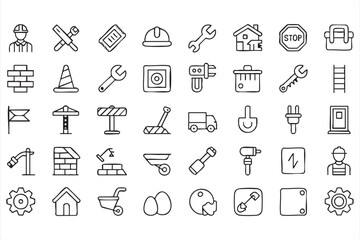 Fototapeta premium Builder and Construction Line Icons, Tools, Equipment, Repair, Engineering Set
