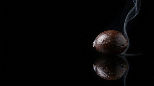 Nutmeg Spice With Smoke on Black Background and Reflection.