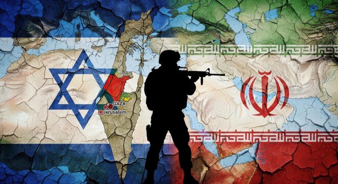 A silhouette of a soldier standing before a map background featuring the israel and iran flags