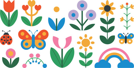 Colorful spring flower and insect set featuring butterflies ladybug rainbow and floral elements flat vector illustration isolated,. © Mehg