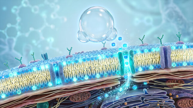 3D Detailed Cell Membrane With Antibody Protein Channel Molecule Transport Organelle Below