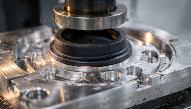 Closeup medium footage showing compression molding of rubber seals as heated press clamps preformed rubber in detailed metal molds emphasizing airtight component production.