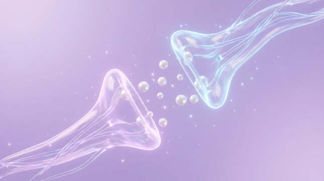 3D Neural Synapse Terminal With White Neurotransmitter Sphere On Lavender Purple Background