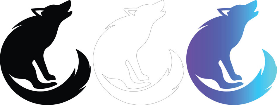 Minimalist Howling Wolf Logo Set, Vector Silhouette and Gradient Wild Animal Icons