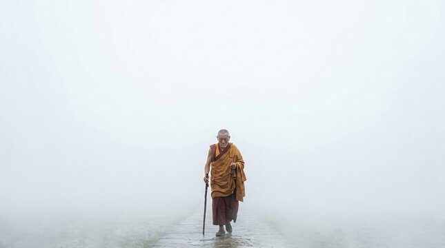 Monk Walking Cane Foggy Path Serene Meditation Enlightenment Journey.