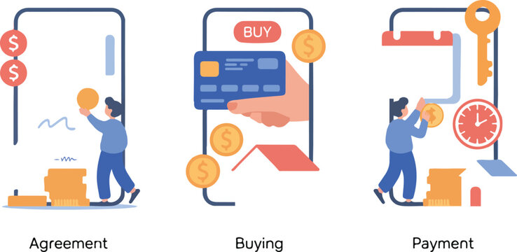 Real estate home buying process vector set featuring agreement signing mortgage payment and property ownership icons on white background.