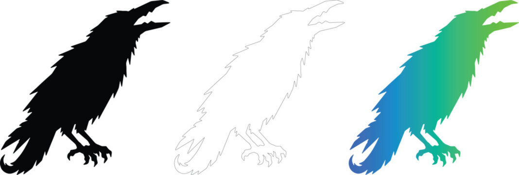 Raven Cawing Crow Bird Vector Icon Set, Silhouette in Black, Outline and Green Gradient