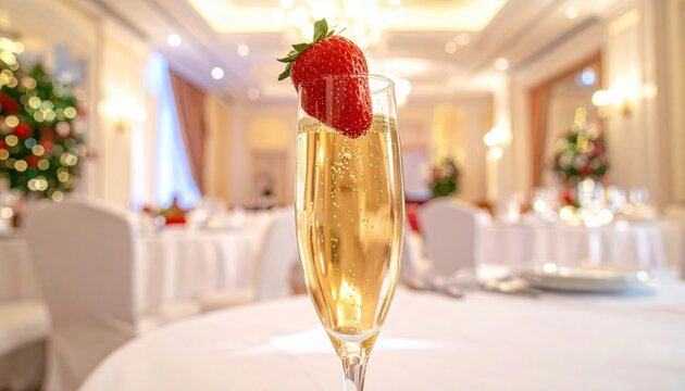 Elegant glass of champagne with a fresh strawberry garnish, perfect for celebratory events and special occasions.