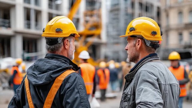 Construction Conversation: Two construction workers engaged in an intense discussion at a construction site, filled with teamwork and engineering prowess.