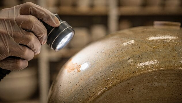 Closeup of technician using a handheld lamp to inspect glaze surface for runs and subtle color inconsistencies ensuring flawless finish on pottery.