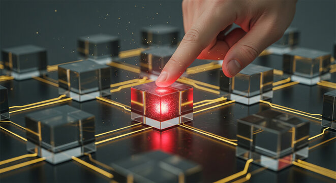 Futuristic blockchain technology concept, human hand touching glowing red data cube on circuit board, digital network infrastructure