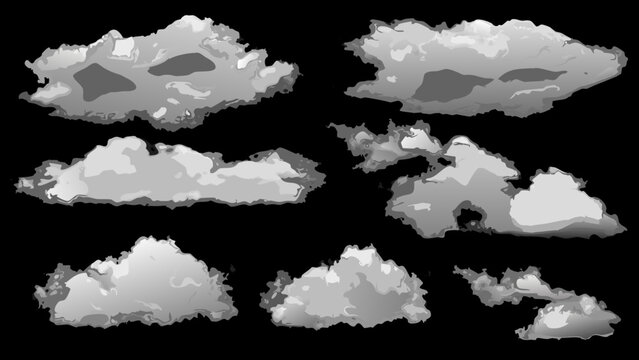 A collection of grayscale cloud shapes against a solid black background