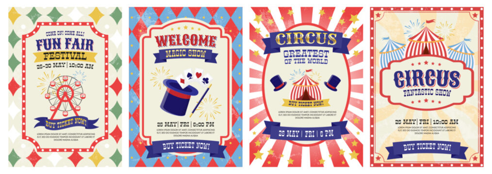 welcome circus, retro invitation poster set. vintage fun fair festival background with tent, pattern. invite banner of carnival magic show. vector illustration