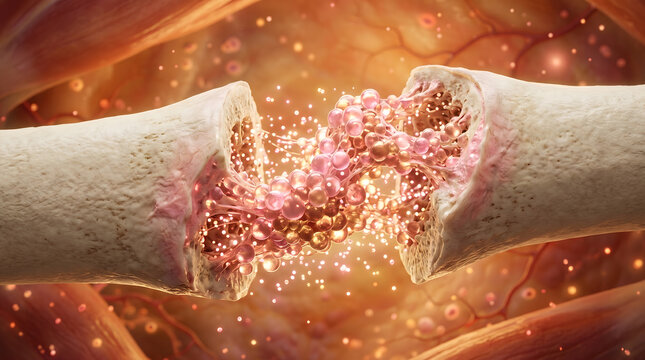 3D Bone Fracture Healing Process With Pink Orange Golden Sphere And Glowing Particle