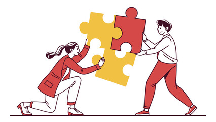 Fototapeta premium Two people assemble a large puzzle together, symbolizing teamwork, collaboration, and problem-solving in a shared endeavor