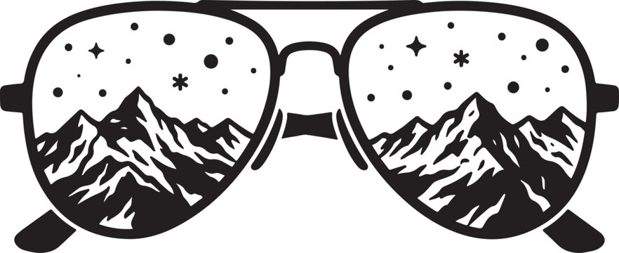 Aviator sunglasses reflecting a starry night sky and mountain range with black and white line art sunglasses mountains