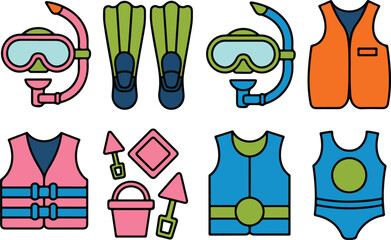 Summer beach and water sports icon set featuring snorkeling gear life jackets and sand toys vector illustration isolated, © Mehg