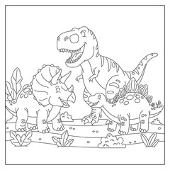 A detailed line drawing of two dinosaurs amidst lush prehistoric foliage © Tonni 
