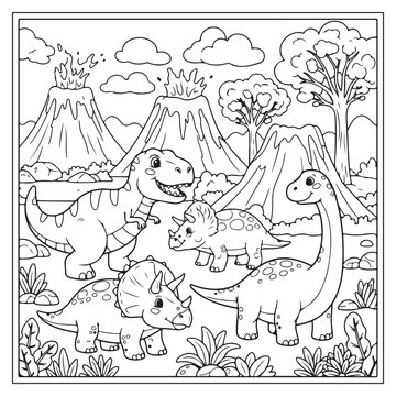 A prehistoric scene with dinosaurs mountains trees and clouds in a line art style